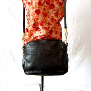 Vintage Kenar Black Leather Shoulder Bag with Gold Tone Trim, VGC